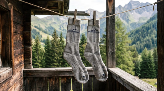 Ein Paar hellgraue BERGGEIST Merino-Wandersocken trocknet an einer Leine auf dem Balkon einer Berghütte