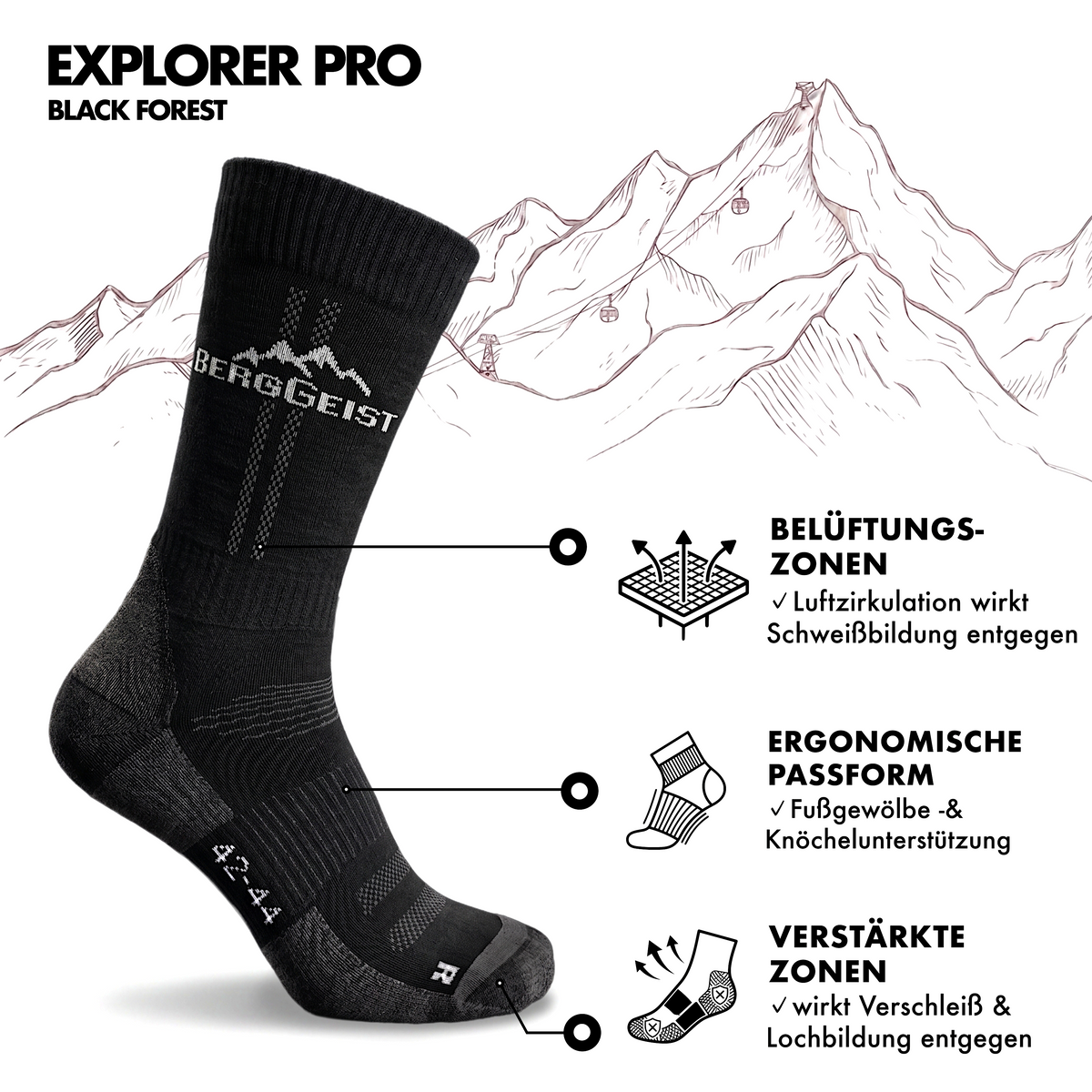 Explorer Pro Socke in Black Forest mit Hinweisen zu Belüftungszonen, ergonomischer Passform und verstärkten Zonen
