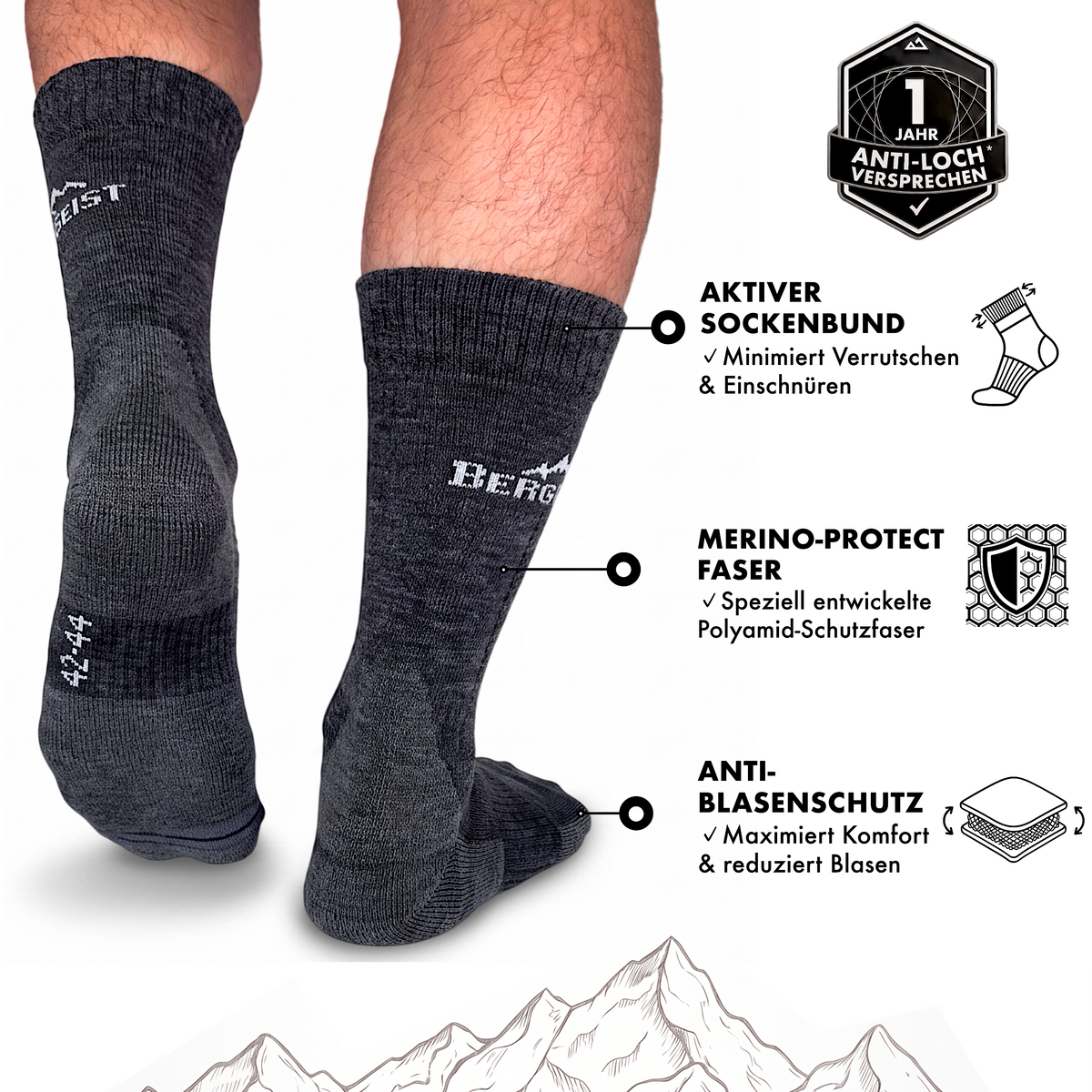Graue Merino Wandersocken von hinten mit Hinweisen zu Sockenbund, Protect-Faser, Blasenschutz, 1 Jahr Anti-Loch