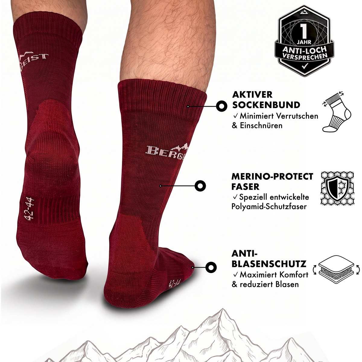 Rückansicht weinroter Merino Wandersocken am Bein mit Hinweisen zu Sockenbund, Protect-Faser und Blasenschutz