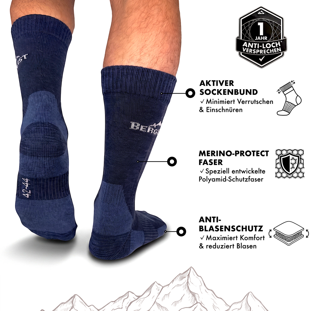 Rückansicht dunkelblauer Merino Wandersocken mit Erklärungen zu Sockenbund, Schutzfaser und Blasenschutz