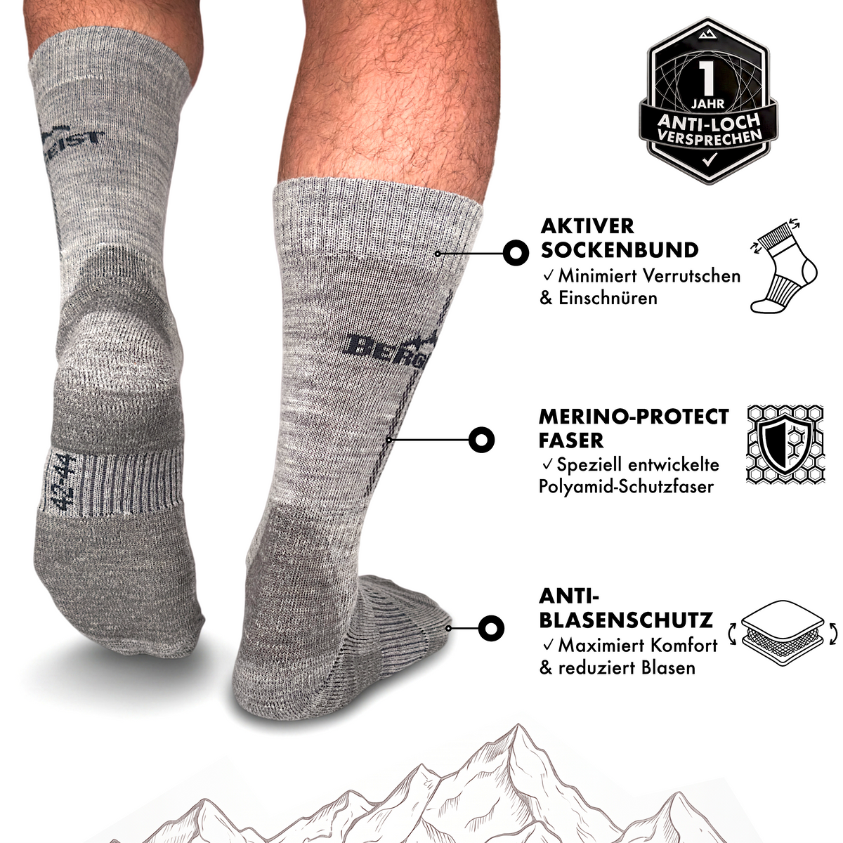 Hellgraue Merino Wandersocken von hinten getragen, Hinweise zu Sockenbund, Protect-Faser und Blasenschutz