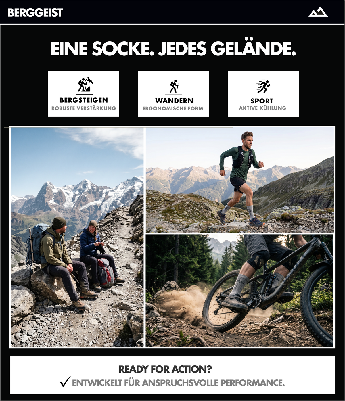 Collage mit Bergsteigern, Trailläufer und Mountainbiker in Socken, Überschrift „Eine Socke. Jedes Gelände.“