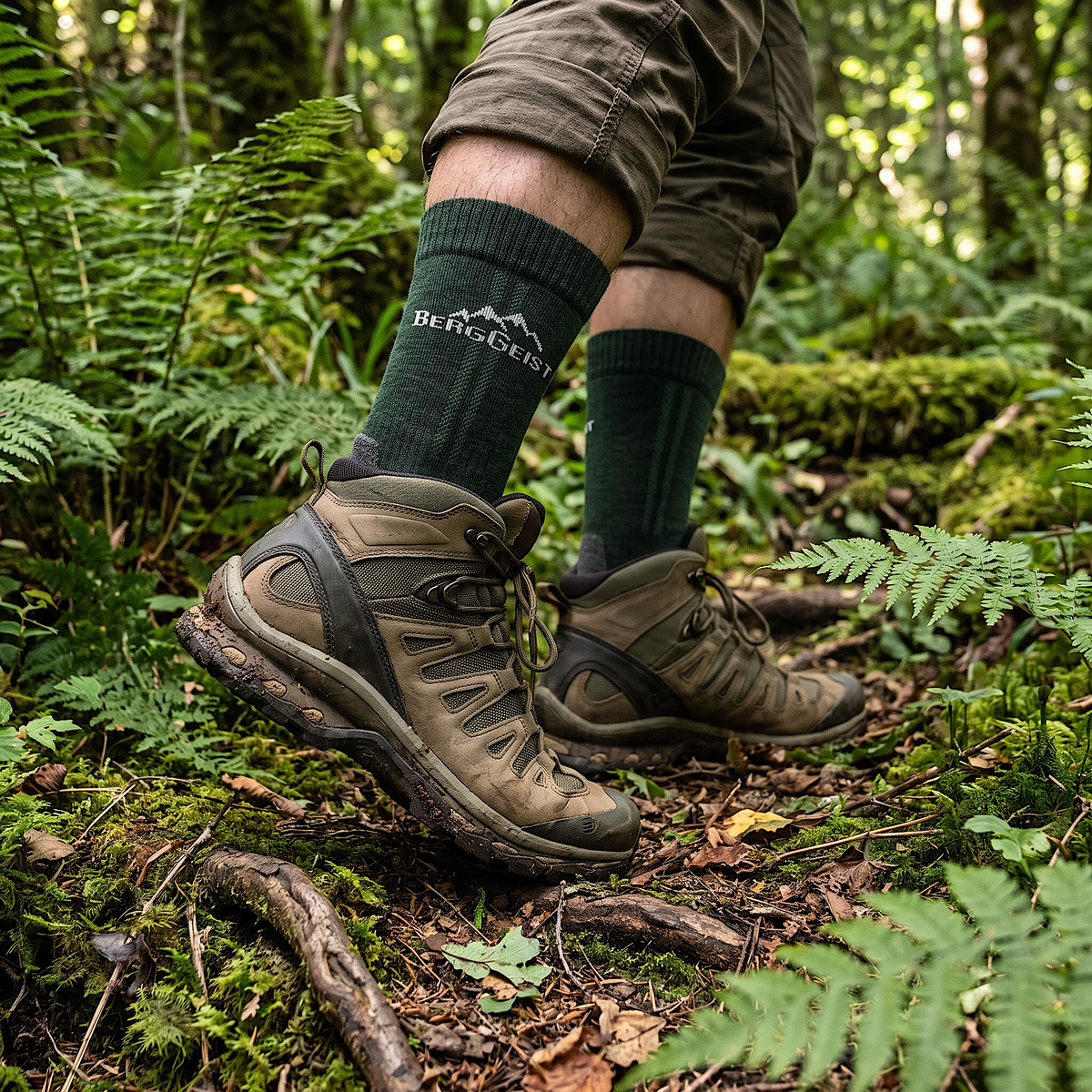 Braune Wanderschuhe und dunkelgrüne Merino Wandersocken auf Waldboden zwischen Farnen und Moos