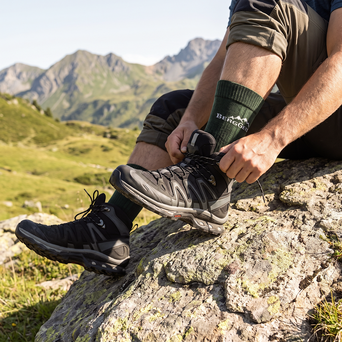 Mann schnürt schwarze Wanderschuhe auf einem Felsen, dazu dunkelgrüne Merino Wandersocken, Berge im Hintergrund