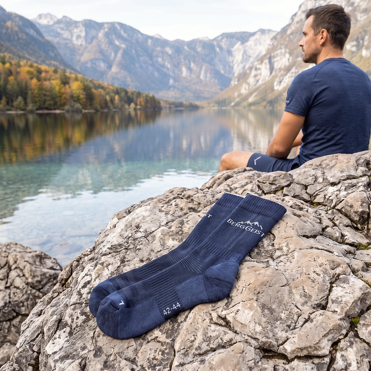 Paar Merino Wandersocken in Nordic Blue, Größe 42-44, liegt auf Felsen am Bergsee, dahinter sitzt ein Mann